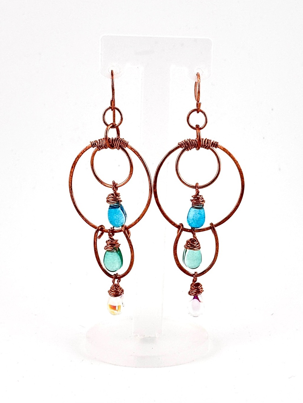 HANDMADE Mermaid Iridescent Glass Drops Copper Wire Wrapped Dangle Earrings